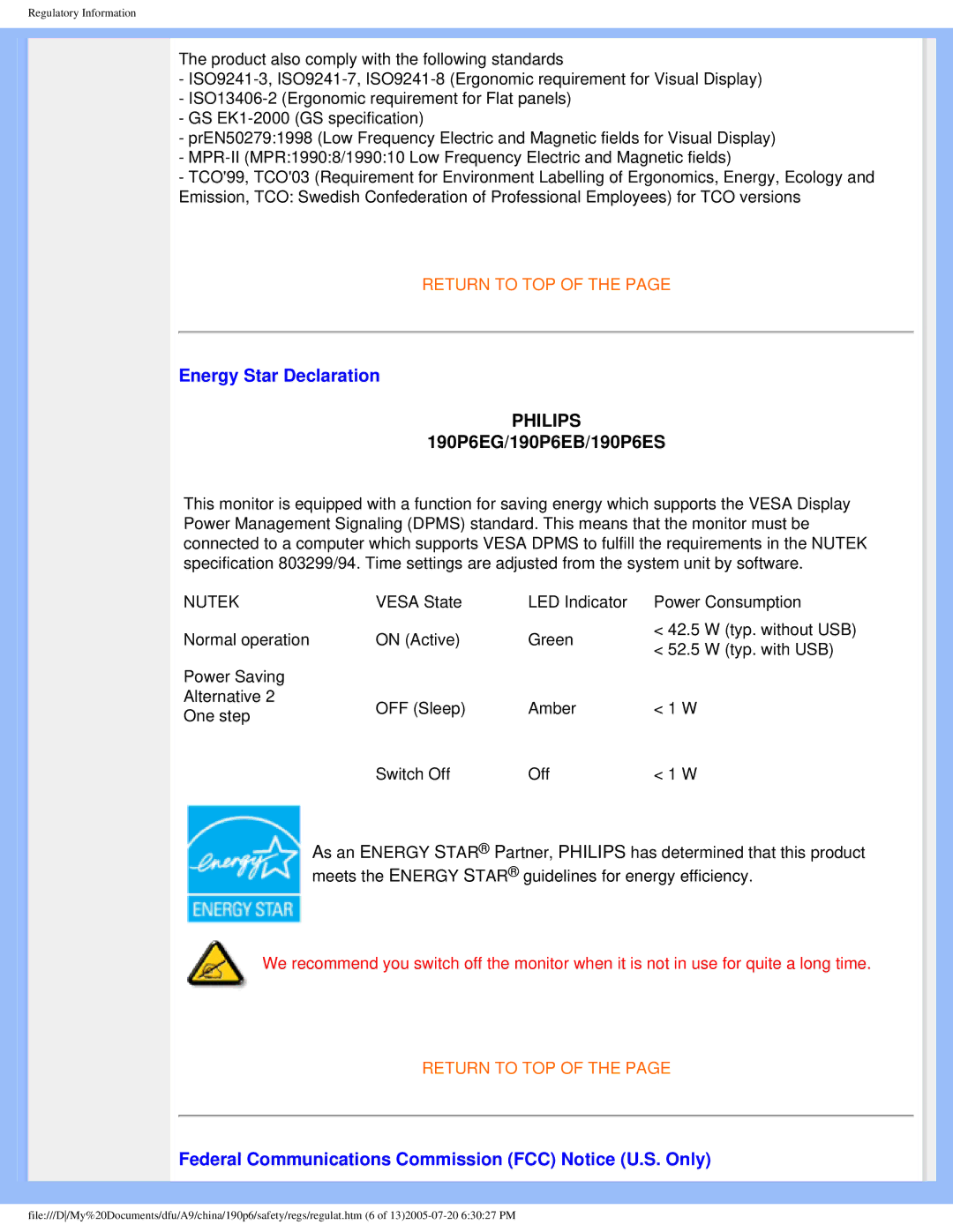 Philips 190P6 user manual Energy Star Declaration, Federal Communications Commission FCC Notice U.S. Only 