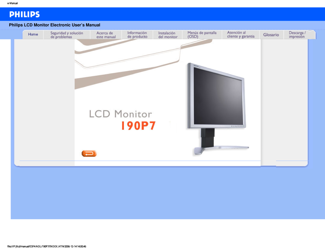 Philips 190P7 user manual Philips LCD Monitor Electronic User’s Manual, e-Manual 