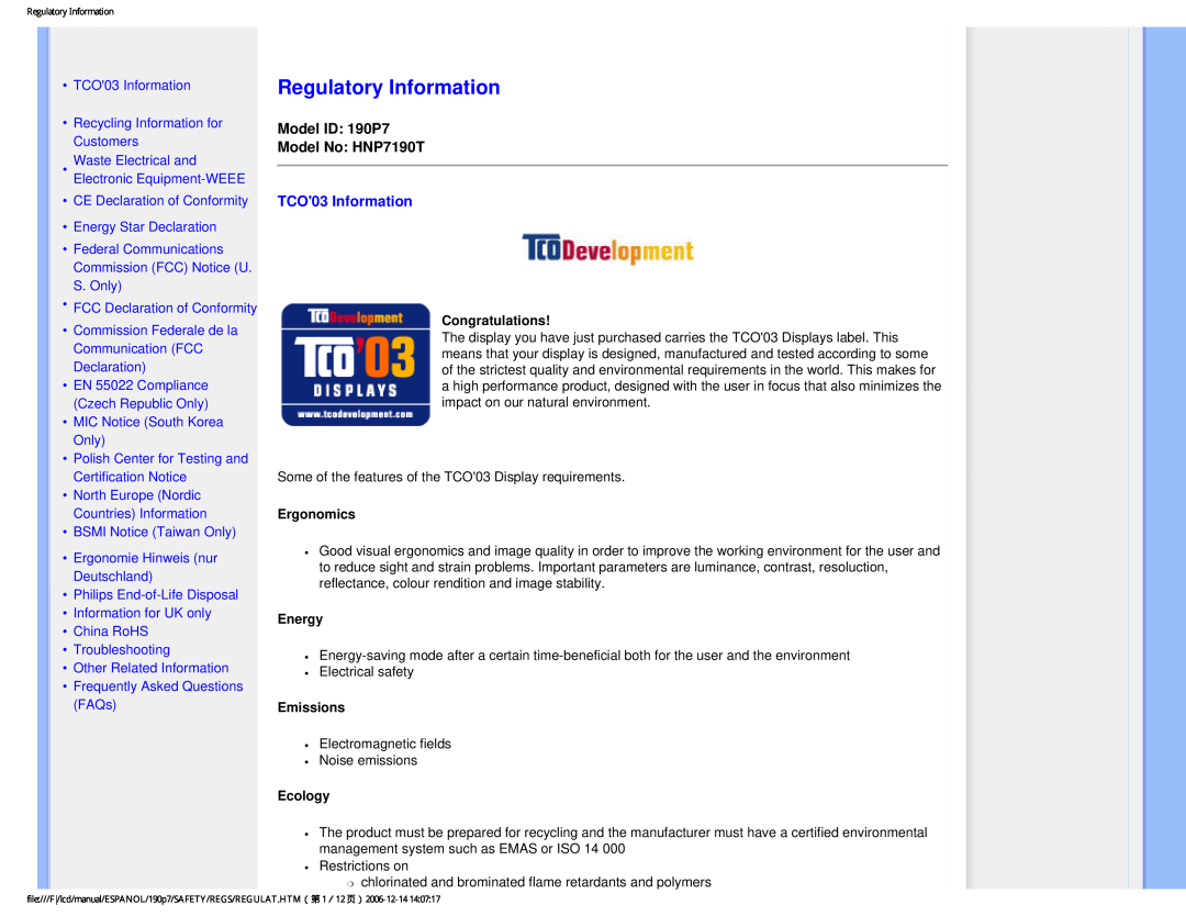 Philips Regulatory Information, Model ID 190P7 Model No HNP7190T, TCO03 Information, FCC Declaration of Conformity 