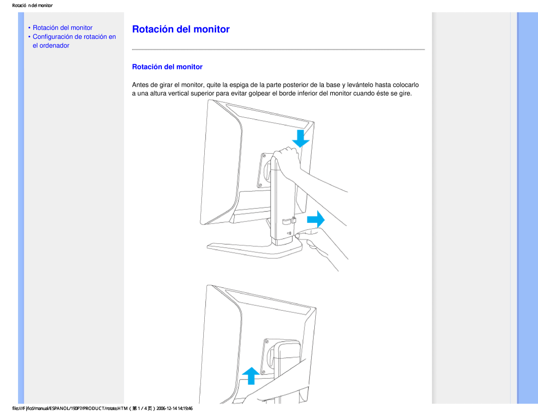 Philips 190P7 user manual Rotación del monitor Configuración de rotación en el ordenador 