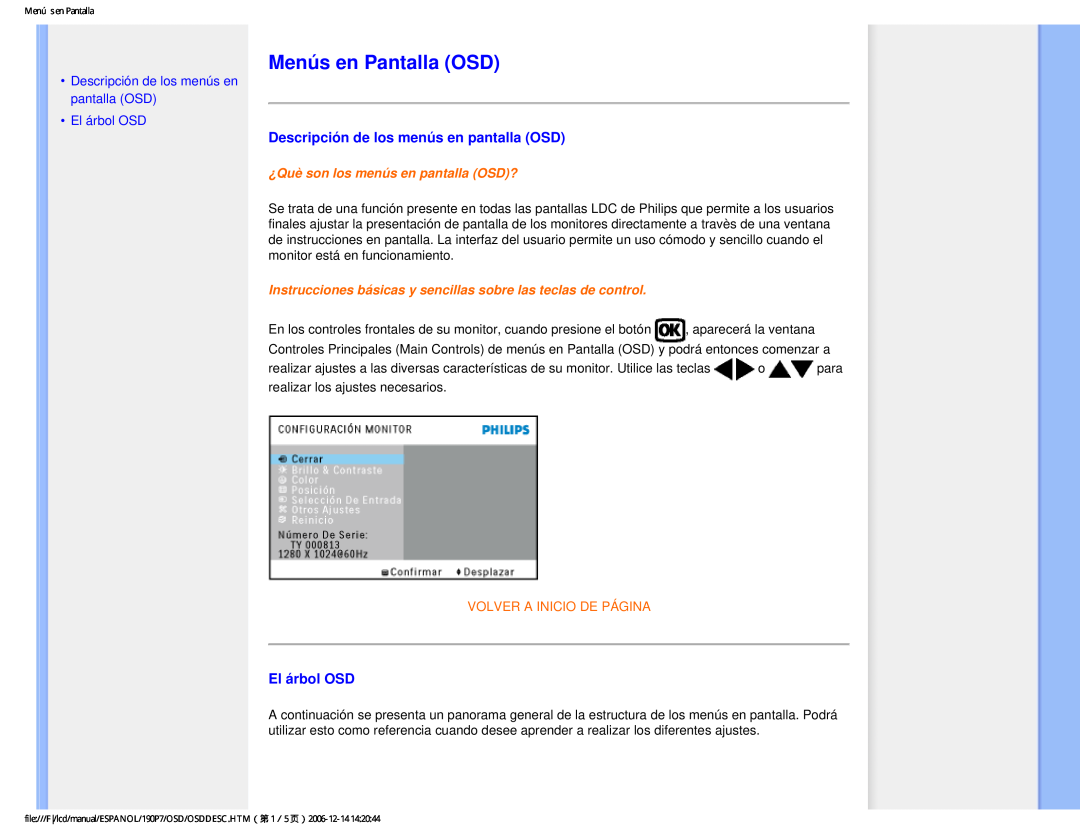 Philips 190P7 Menús en Pantalla OSD, Descripción de los menús en pantalla OSD, El árbol OSD, Volver A Inicio De Página 