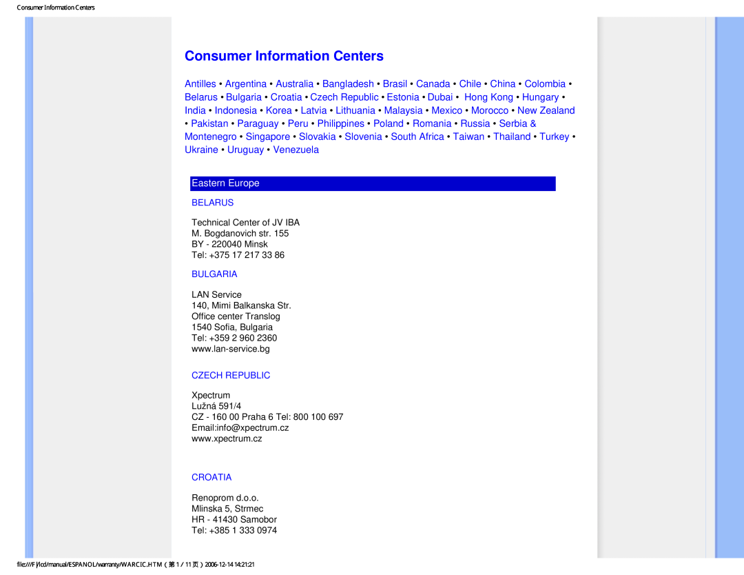 Philips 190P7 user manual Consumer Information Centers, Eastern Europe 