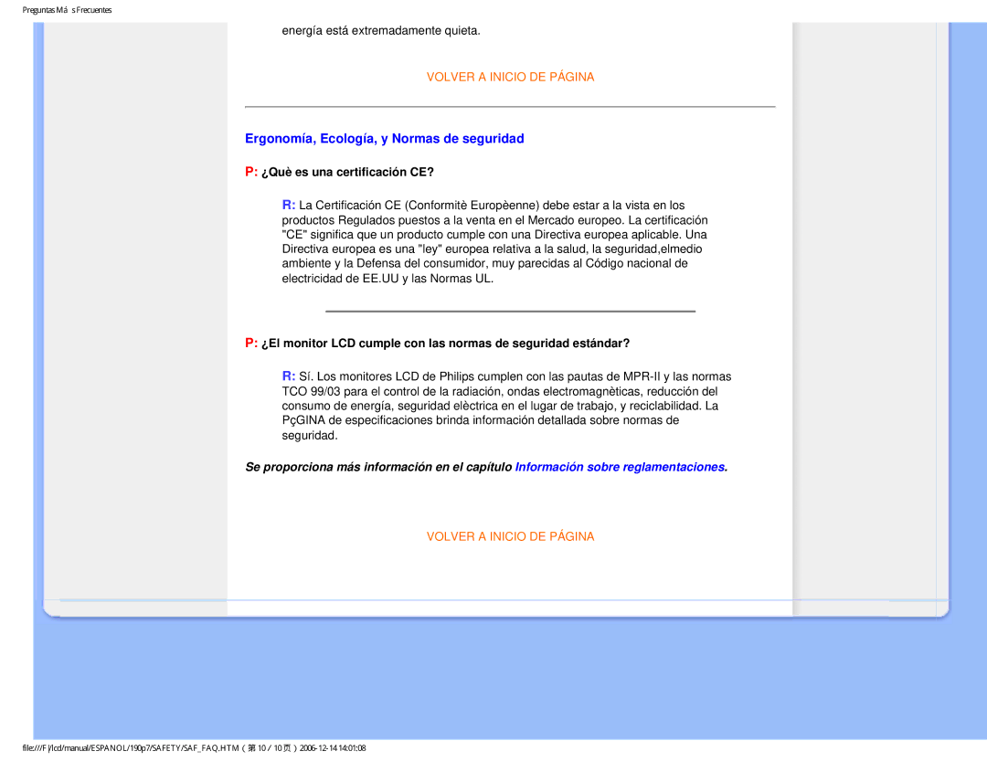 Philips 190P7 user manual Ergonomía, Ecología, y Normas de seguridad, ¿Què es una certificación CE? 