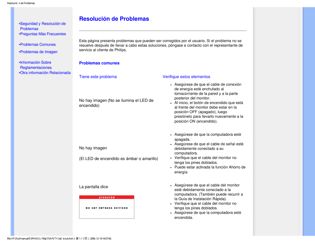 Philips 190P7 user manual Resolución de Problemas, Problemas comunes 