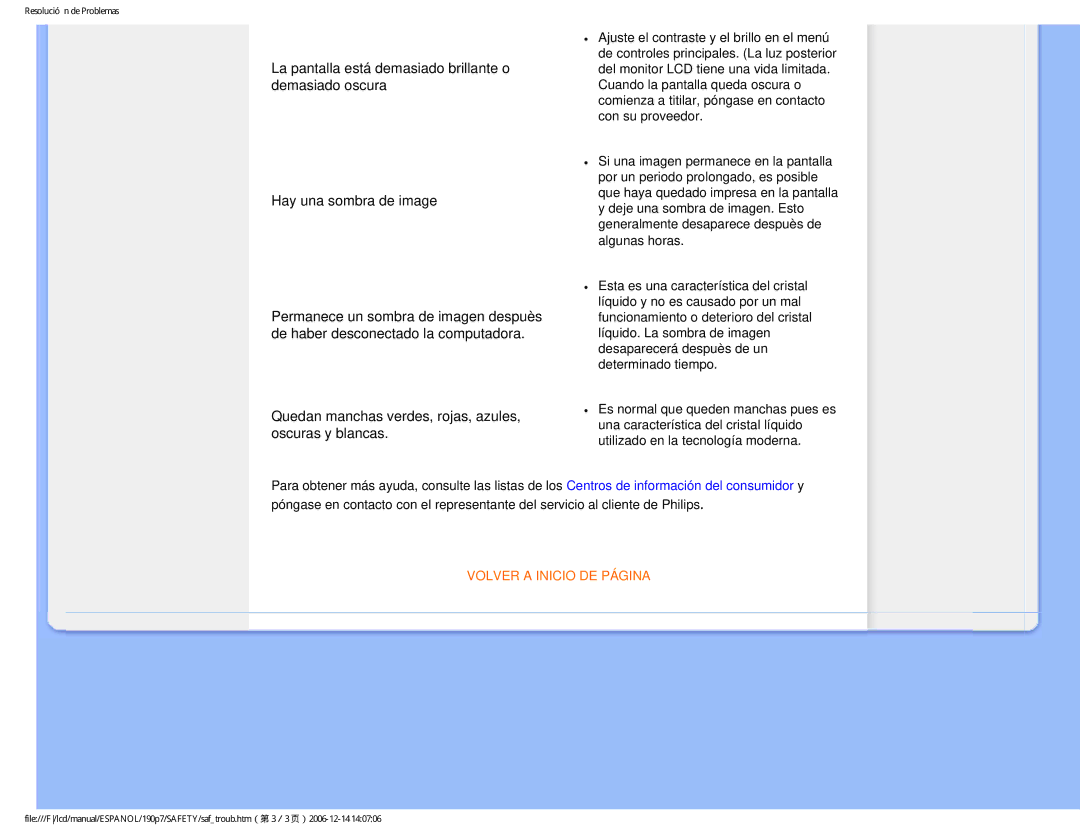 Philips 190P7 user manual Quedan manchas verdes, rojas, azules, oscuras y blancas 