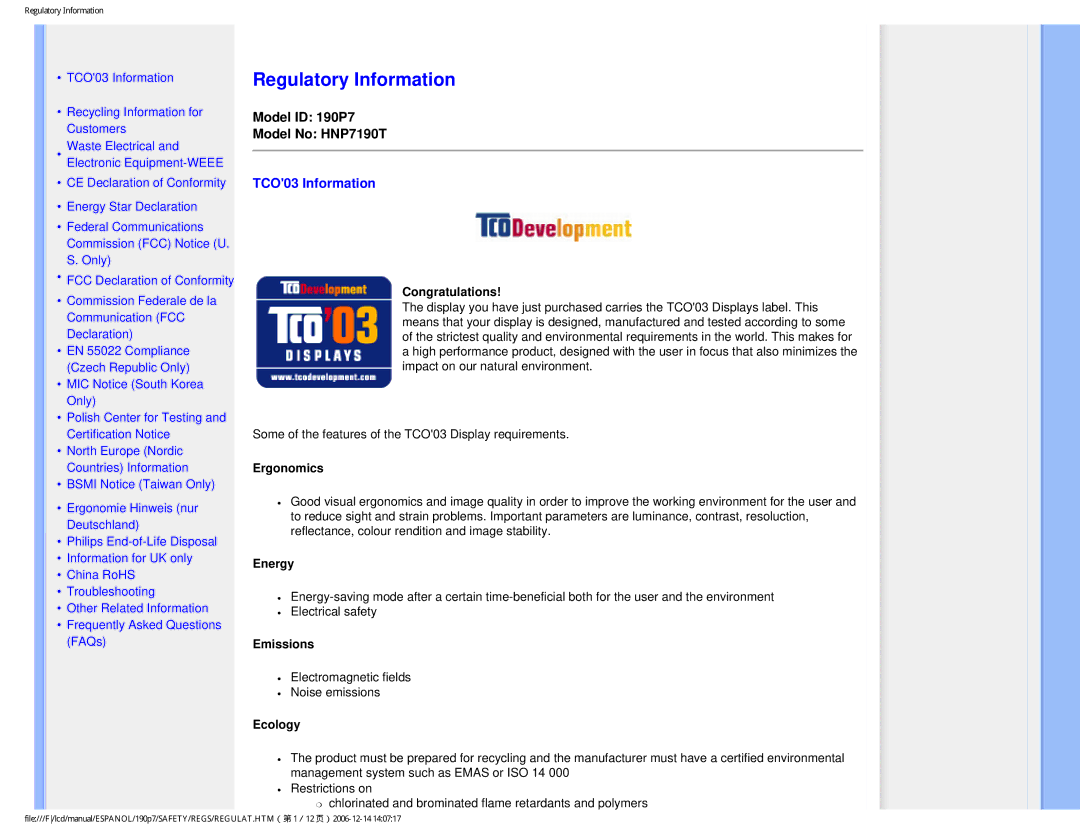 Philips user manual Model ID 190P7 Model No HNP7190T, TCO03 Information 