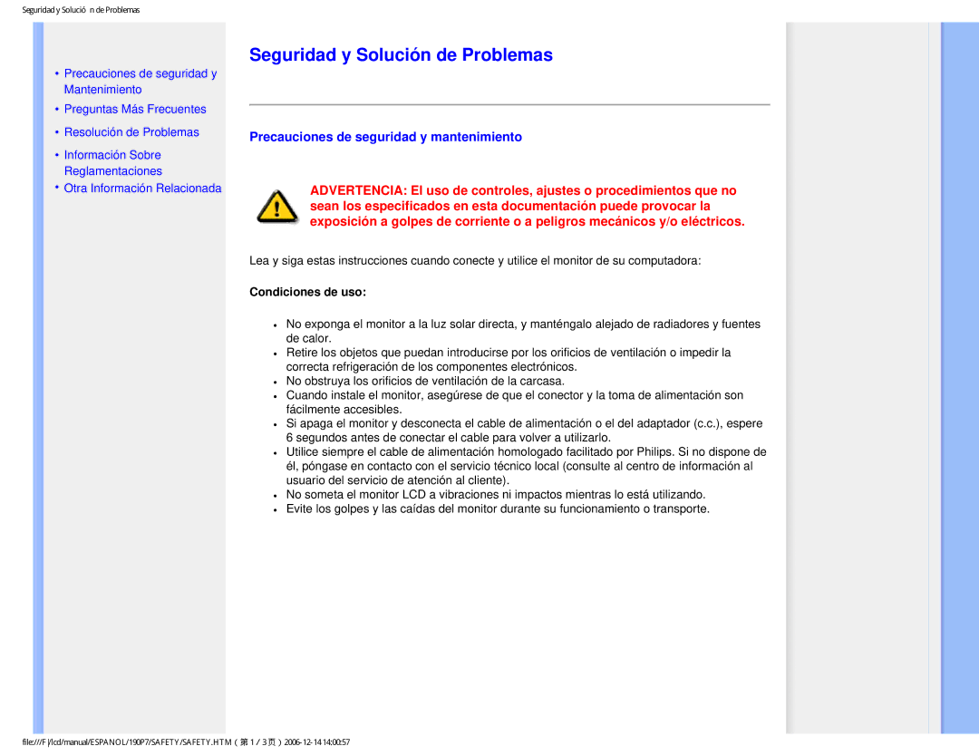 Philips 190P7 user manual Seguridad y Solución de Problemas, Precauciones de seguridad y mantenimiento, Condiciones de uso 