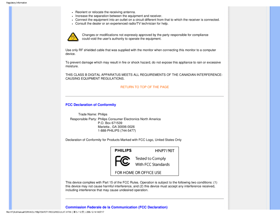 Philips 190P7 user manual FCC Declaration of Conformity, Commission Federale de la Communication FCC Declaration 