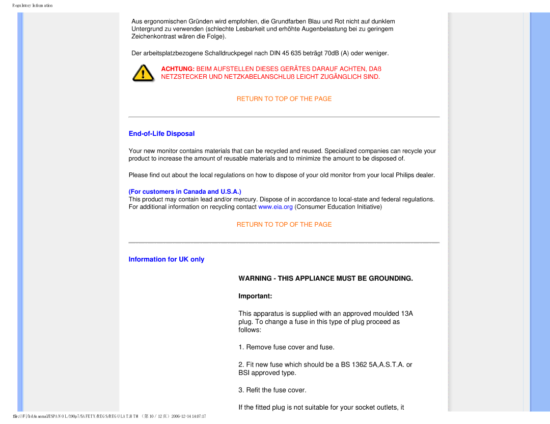 Philips 190P7 user manual End-of-Life Disposal, Information for UK only 