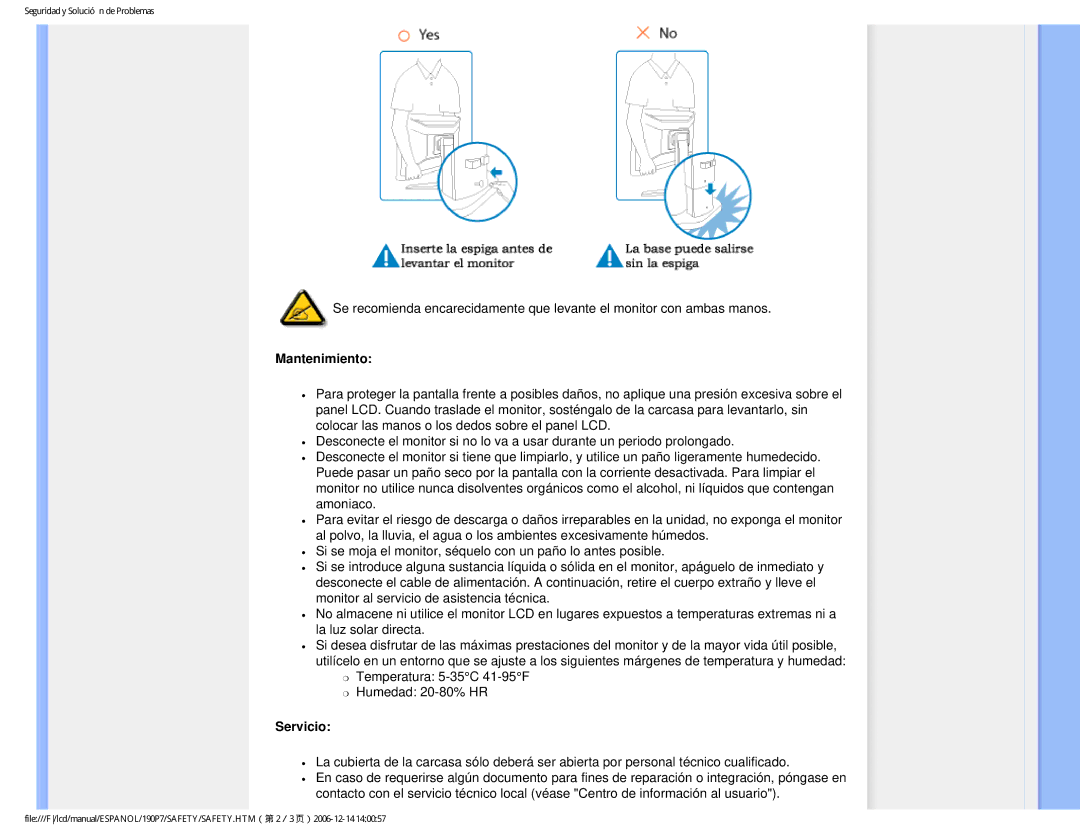 Philips 190P7 user manual Mantenimiento, Servicio 