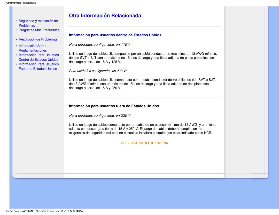 Philips 190P7 user manual Otra Información Relacionada, Información para usuarios dentro de Estados Unidos 