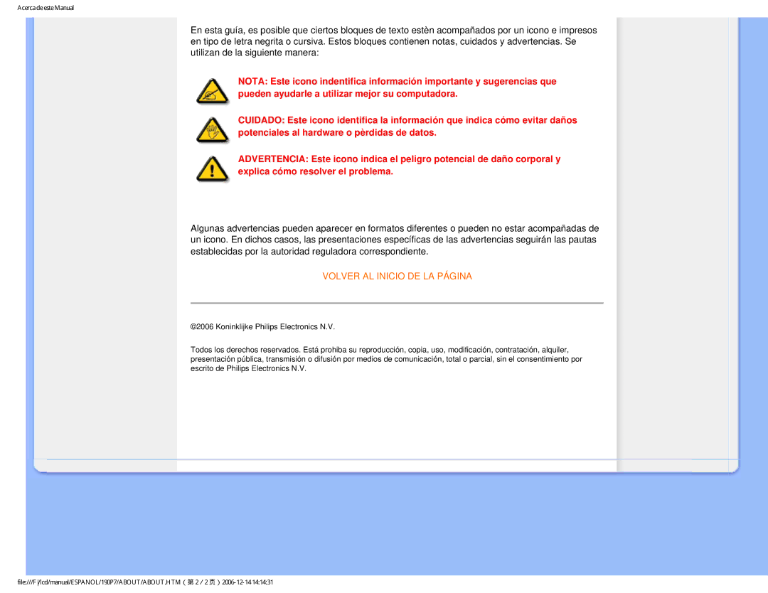 Philips 190P7 user manual Volver AL Inicio DE LA Página 