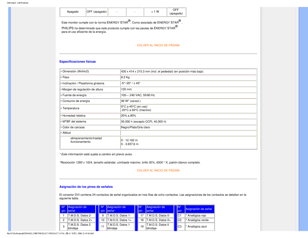 Philips 190P7 user manual Especificaciones físicas 