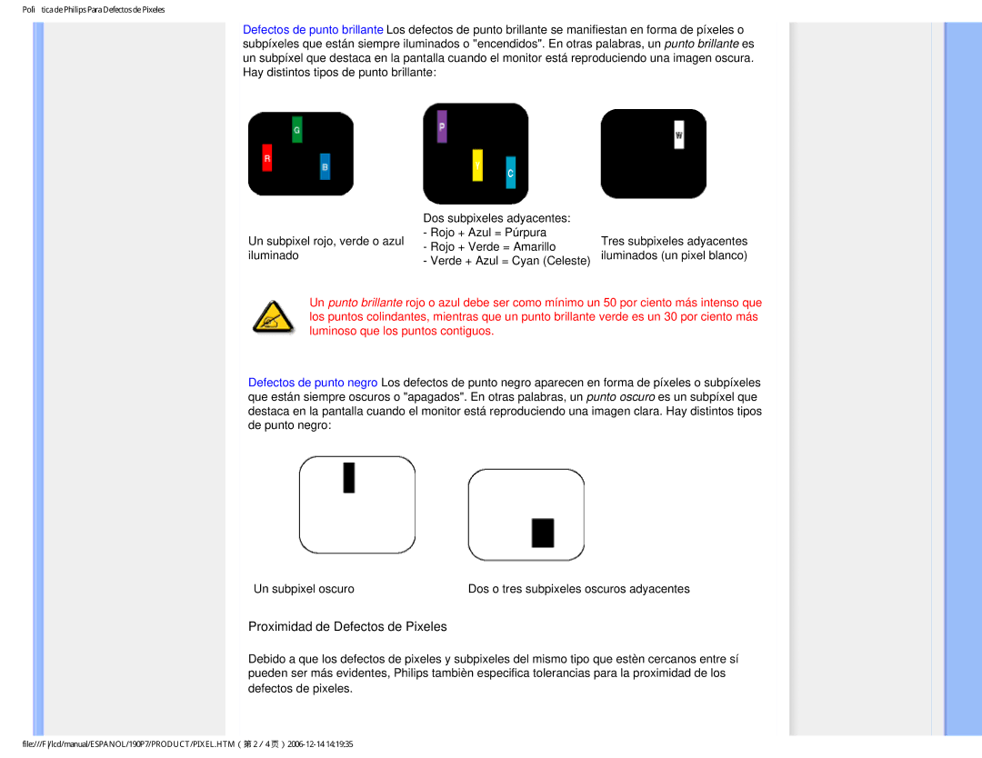 Philips 190P7 user manual Proximidad de Defectos de Pixeles 