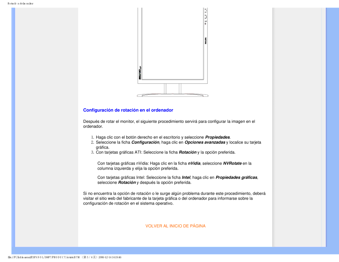 Philips 190P7 user manual Configuración de rotación en el ordenador, Volver AL Inicio DE Página 