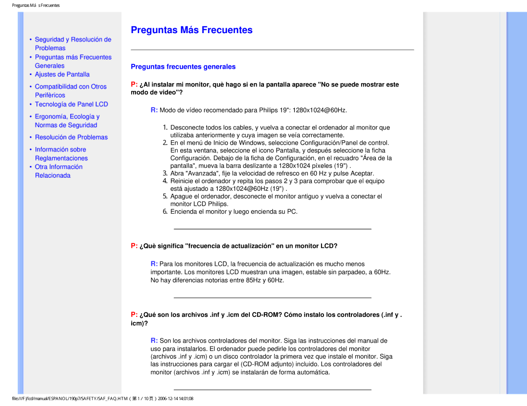 Philips 190P7 user manual Preguntas Más Frecuentes, Preguntas frecuentes generales 