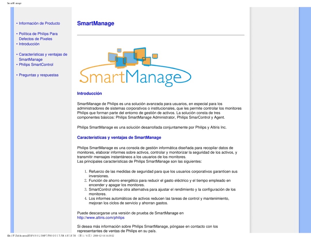 Philips 190P7 user manual Introducción, Características y ventajas de SmartManage 