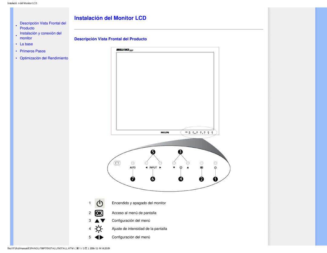 Philips 190P7 user manual Instalación del Monitor LCD, Descripción Vista Frontal del Producto 