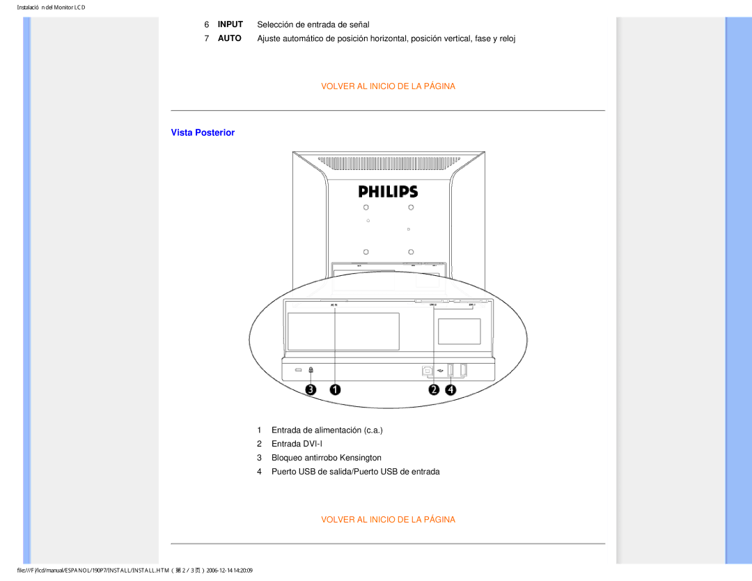 Philips 190P7 user manual Vista Posterior 