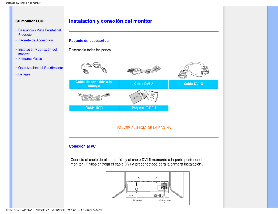 Philips 190P7 user manual Instalación y conexión del monitor, Paquete de accesorios, Conexión al PC 