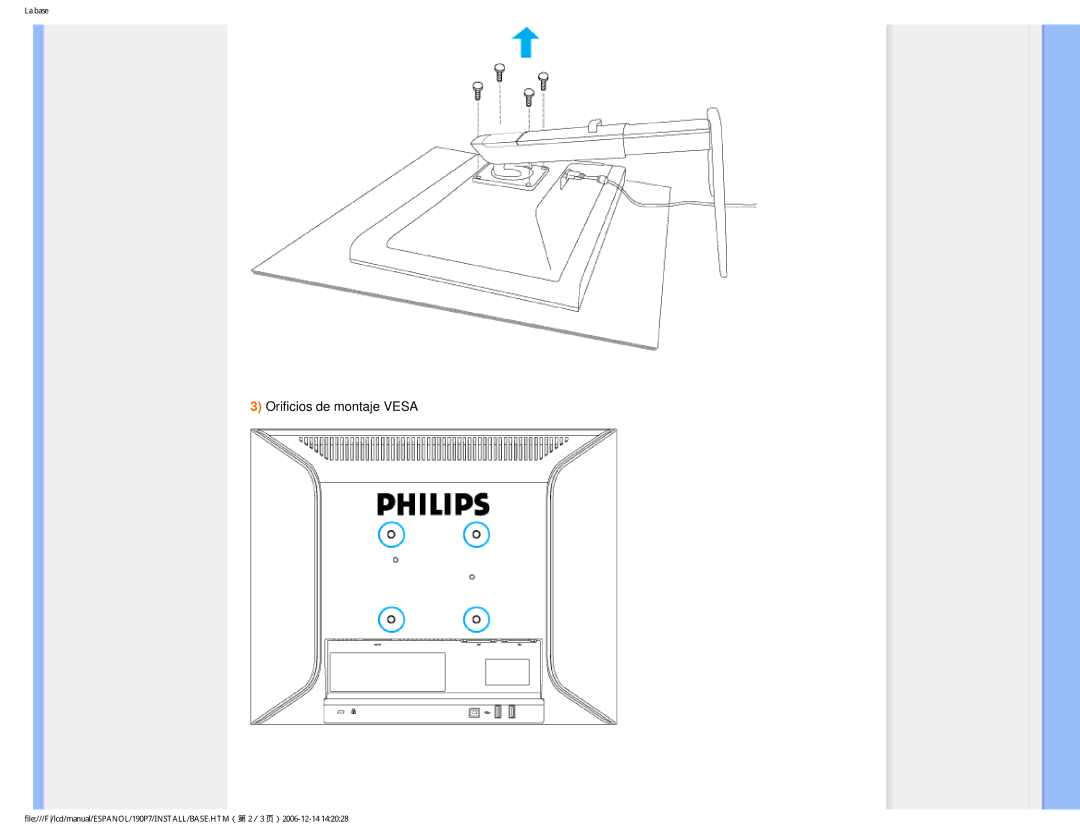 Philips 190P7 user manual Orificios de montaje Vesa 