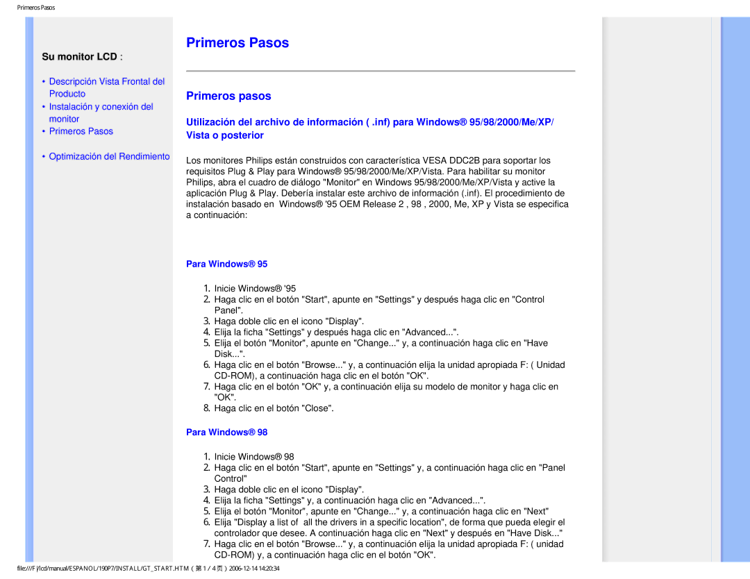 Philips 190P7 user manual Primeros Pasos, Para Windows 