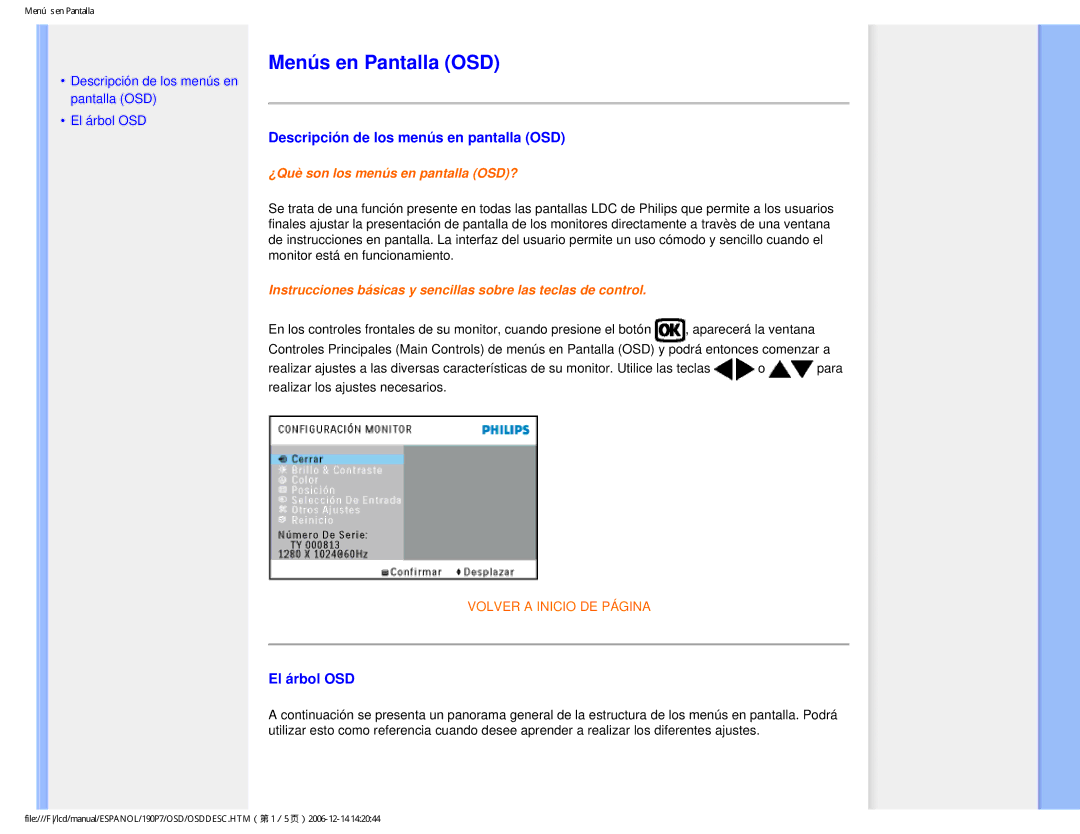 Philips 190P7 user manual Menús en Pantalla OSD, Descripción de los menús en pantalla OSD, El árbol OSD 