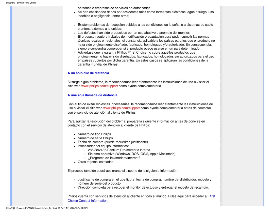 Philips 190P7 user manual Un solo clic de distancia Una sola llamada de distancia, Choice Contact Information 