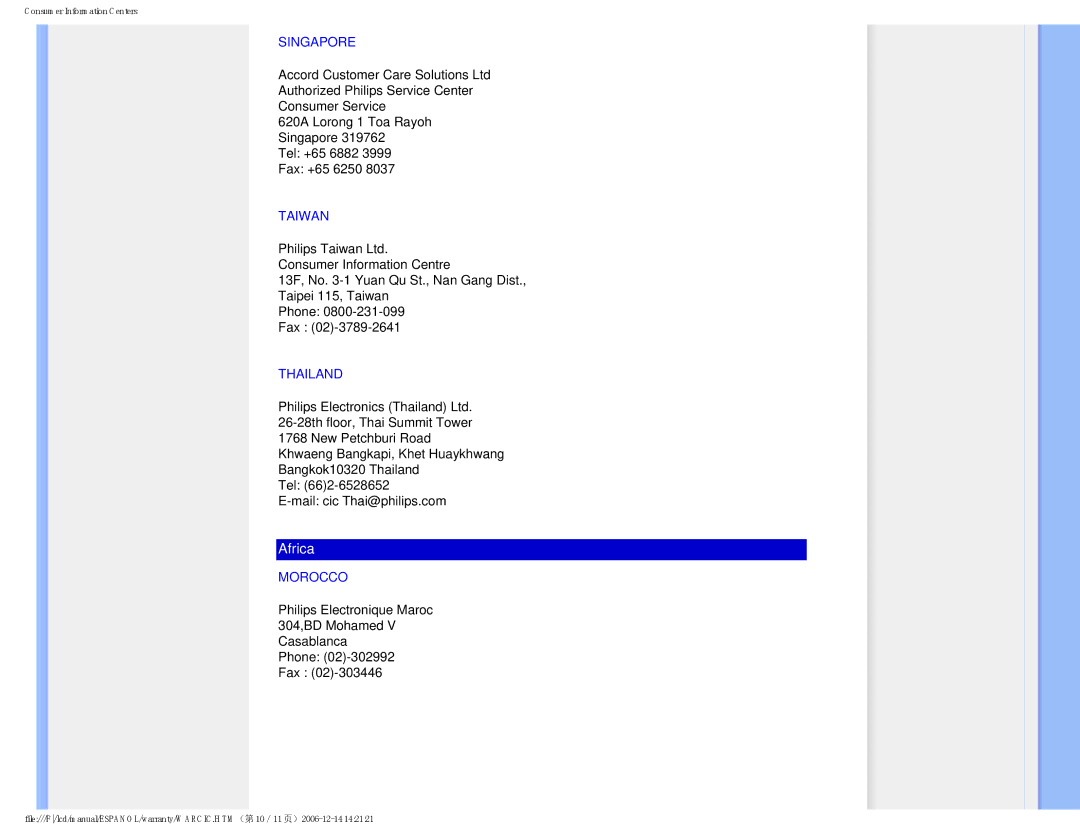 Philips 190P7 user manual Singapore, Taiwan, Thailand, Morocco 