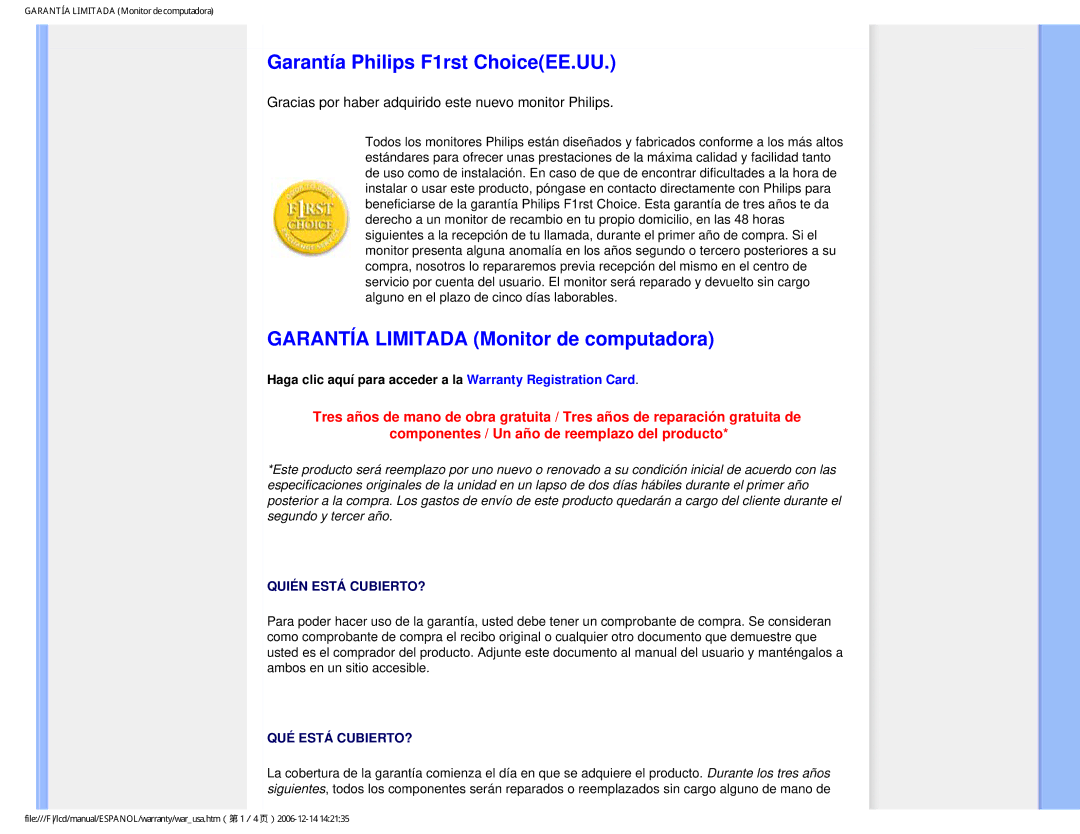 Philips 190P7 user manual Garantía Philips F1rst ChoiceEE.UU, Garantía Limitada Monitor de computadora 