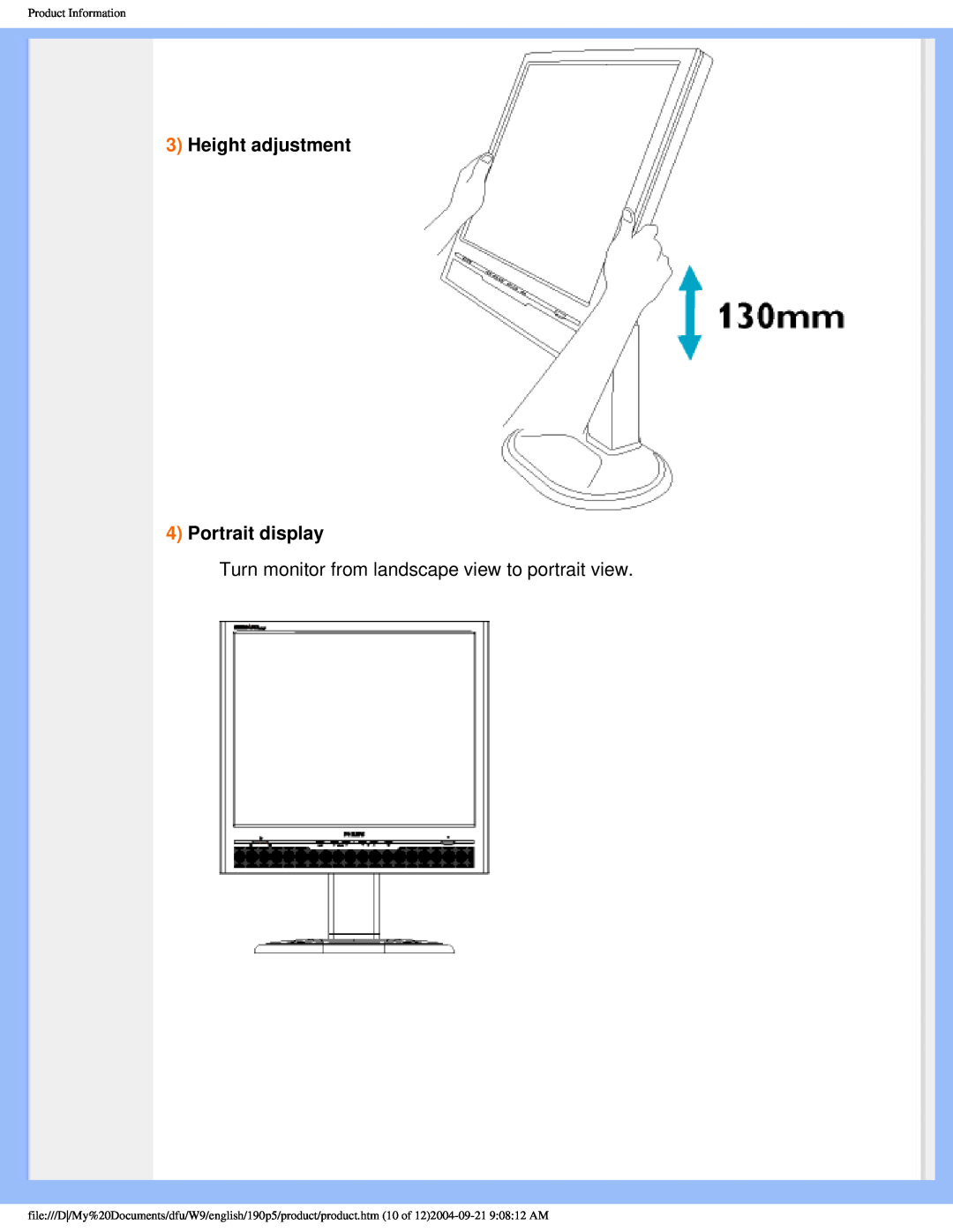 Philips 190PS Height adjustment 4 Portrait display, Turn monitor from landscape view to portrait view, Product Information 