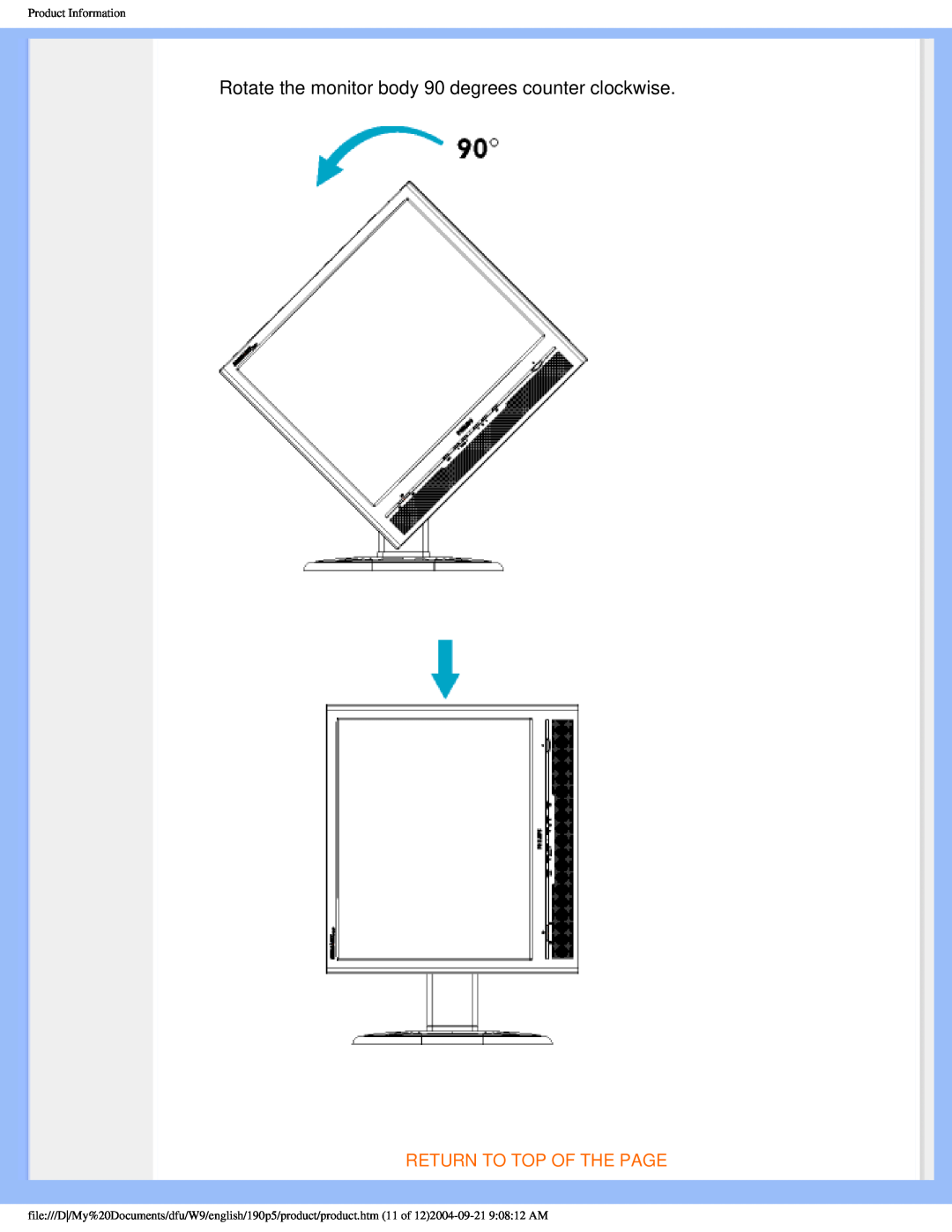 Philips 190PS Rotate the monitor body 90 degrees counter clockwise, Return To Top Of The Page, Product Information 