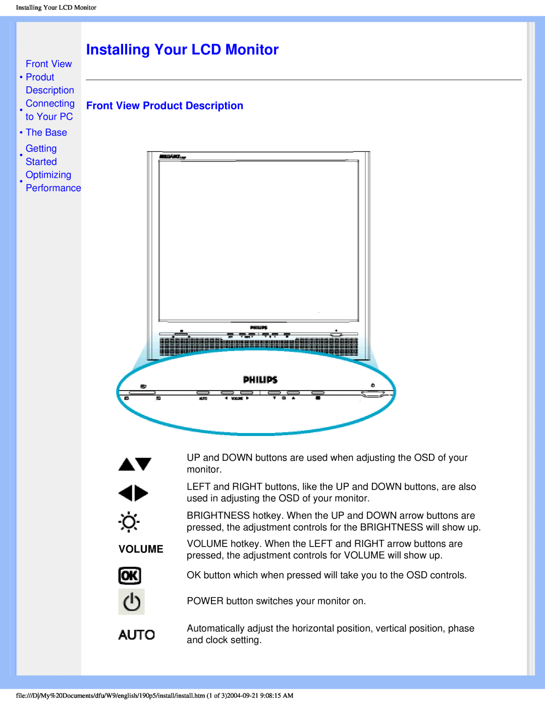 Philips 190PS user manual Installing Your LCD Monitor, Front View Product Description, Volume 