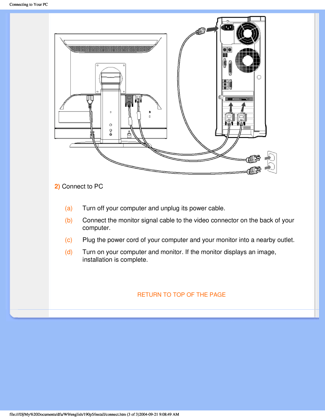 Philips 190PS user manual Connect to PC a Turn off your computer and unplug its power cable 