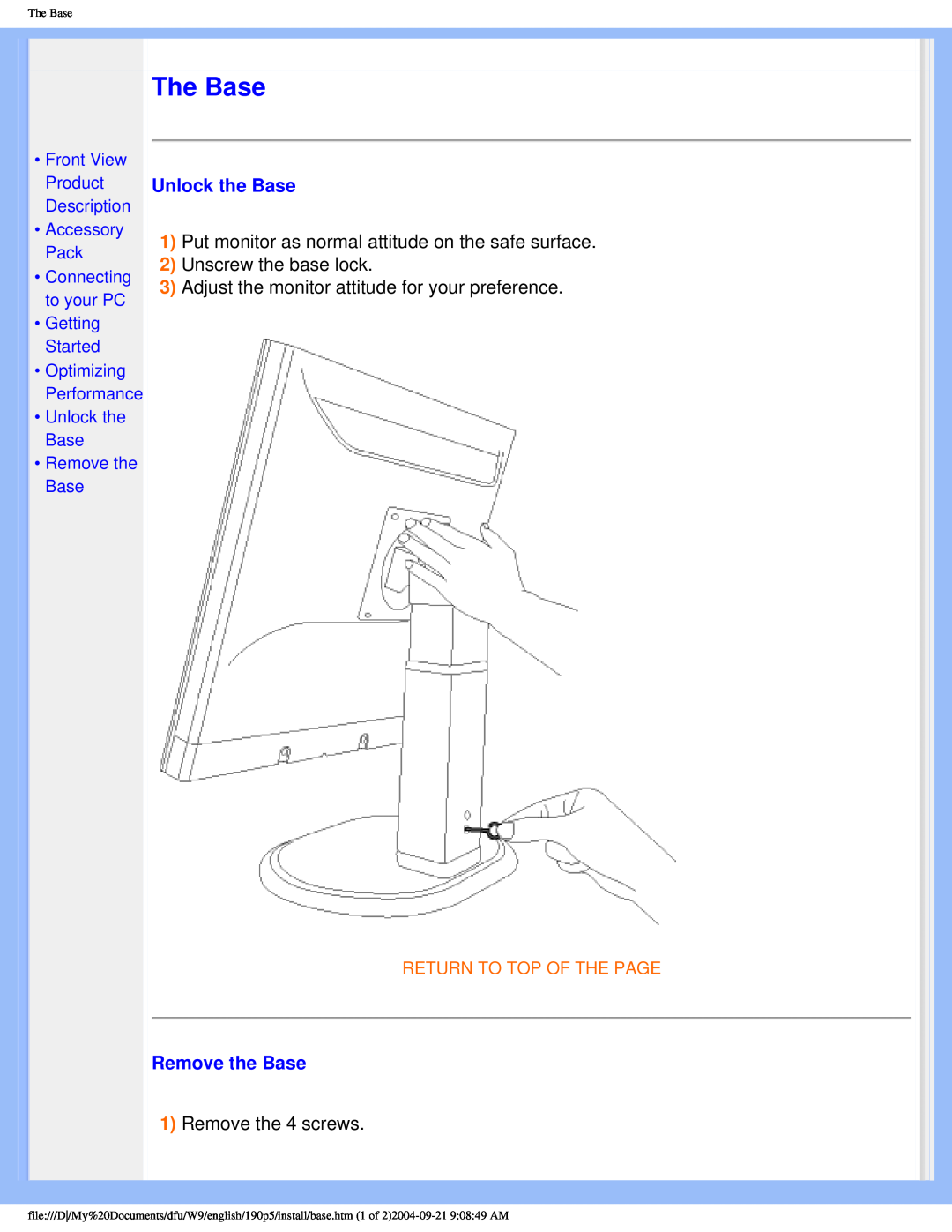 Philips 190PS user manual The Base, Getting Started, Unlock the Base Remove the Base, Return To Top Of The Page 