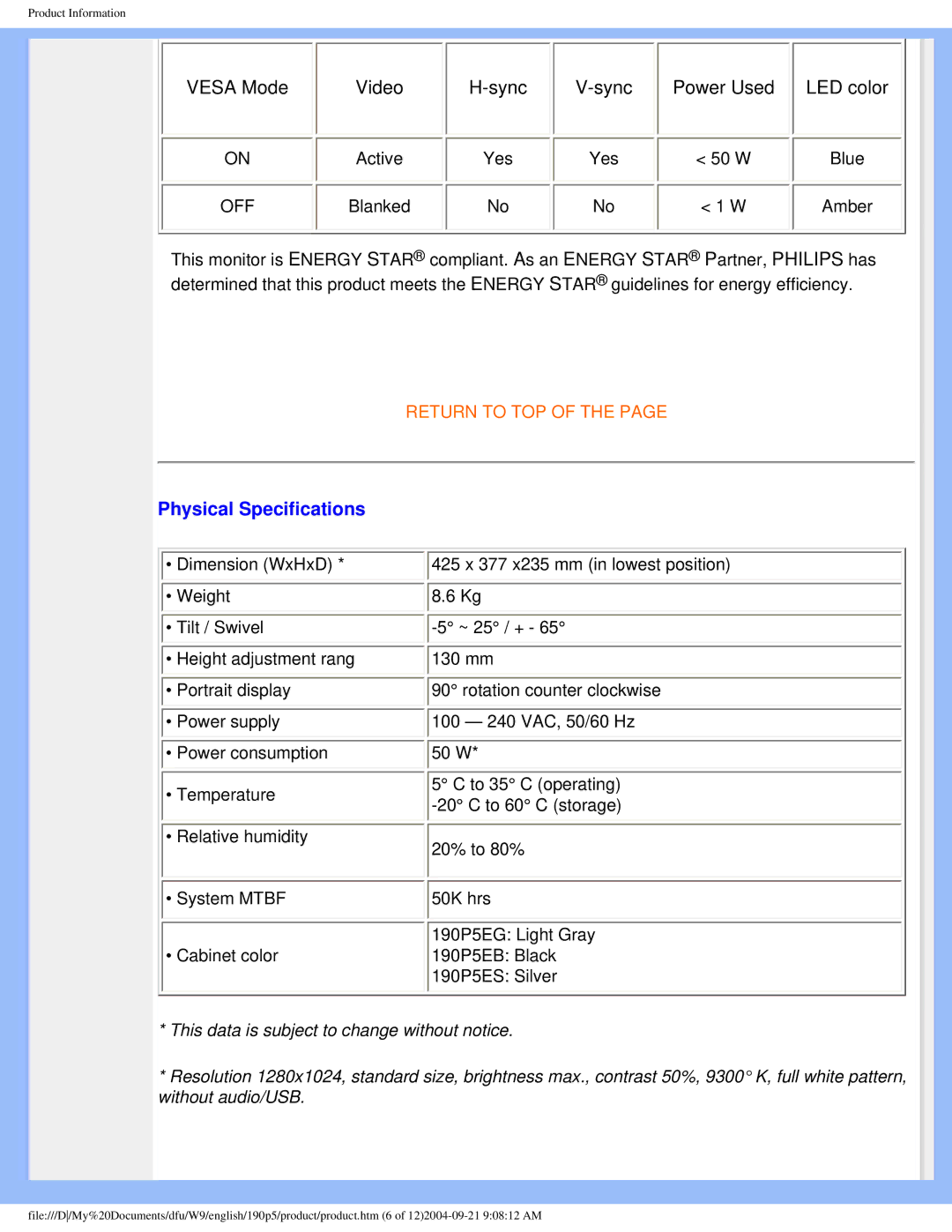 Philips 190PS user manual Vesa Mode Video Sync Power Used LED color, Physical Specifications 