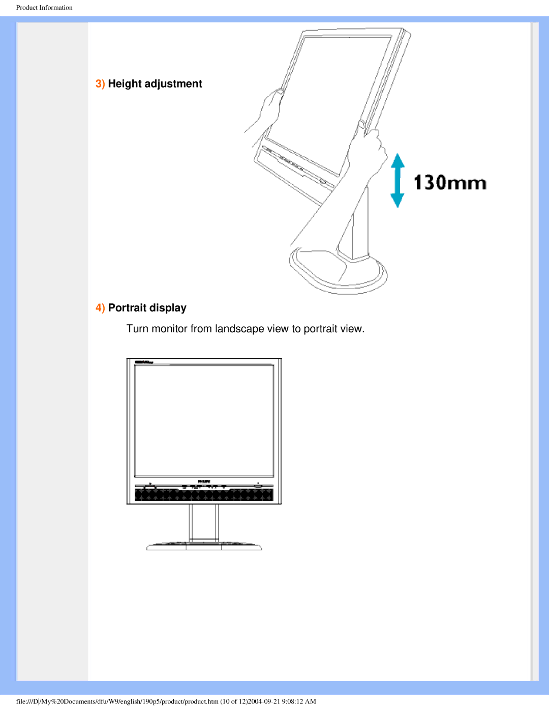 Philips 190PS user manual Height adjustment Portrait display 