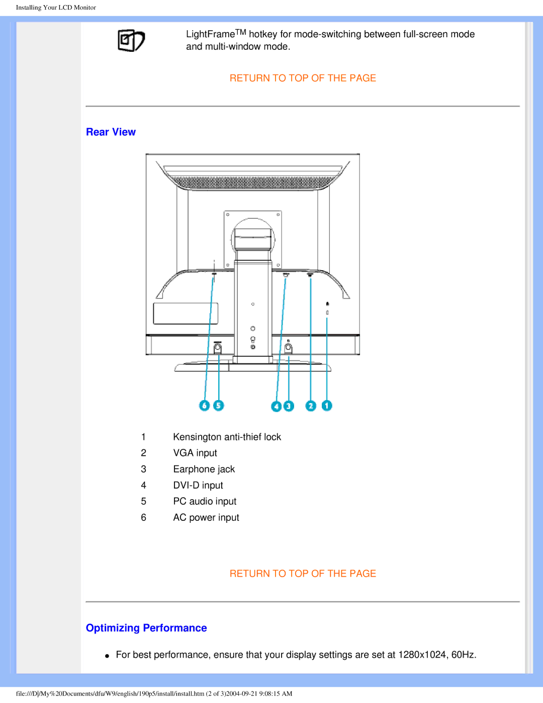 Philips 190PS user manual Rear View, Optimizing Performance 