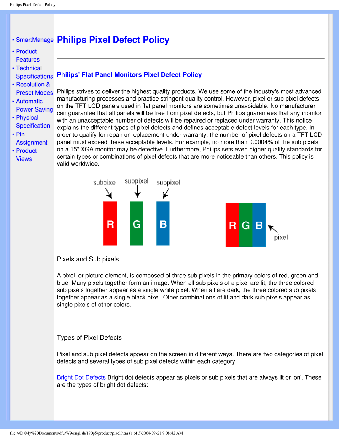 Philips 190PS user manual Philips Pixel Defect Policy, Philips Flat Panel Monitors Pixel Defect Policy 