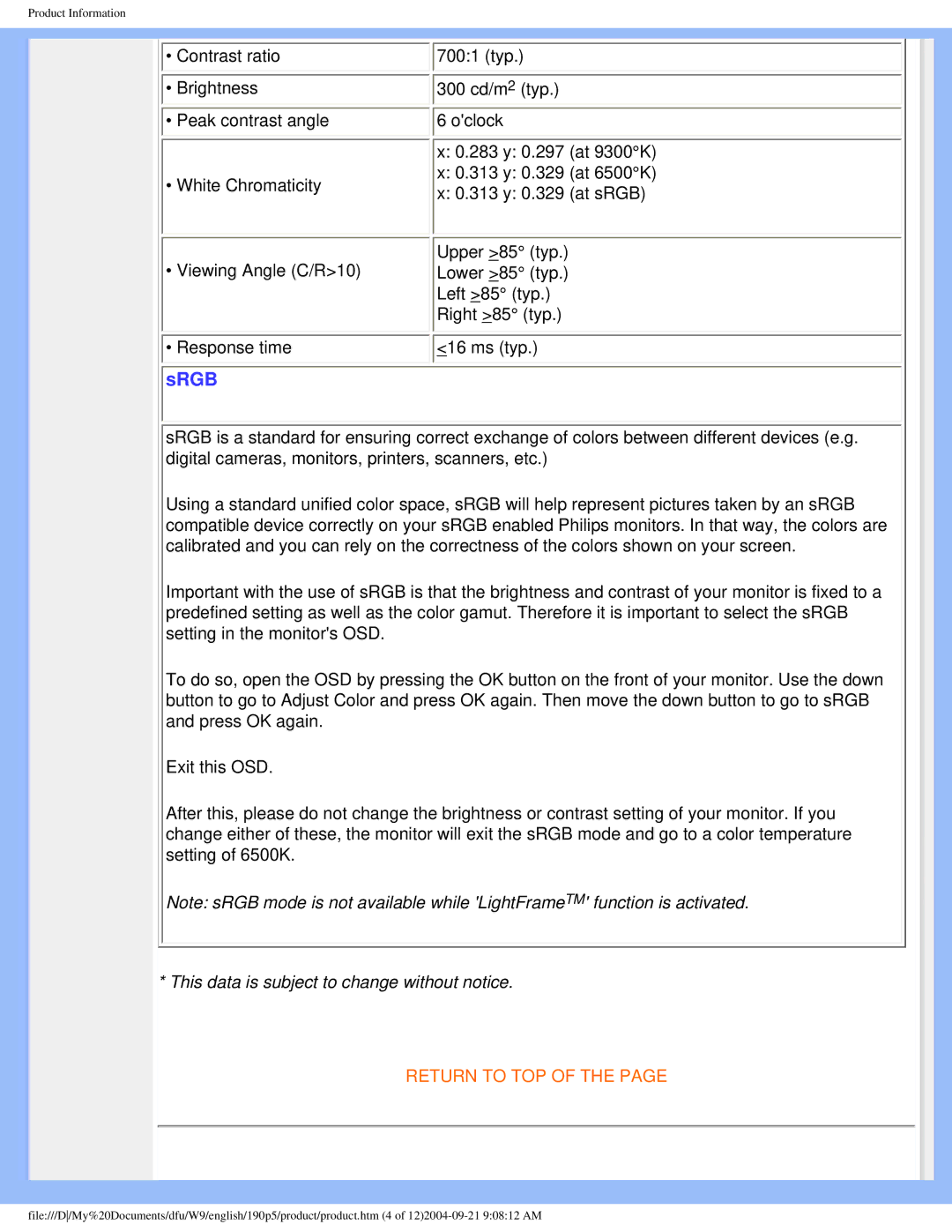 Philips 190PS user manual Srgb 