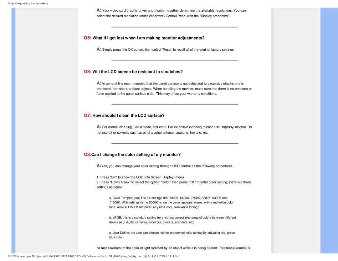 Philips 190S1 Q5 What if I get lost when I am making monitor adjustments?, Q7 How should I clean the LCD surface? 
