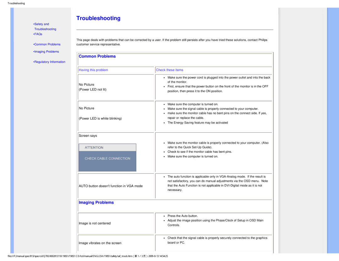 Philips 190S1CB/00 user manual Common Problems, Imaging Problems 