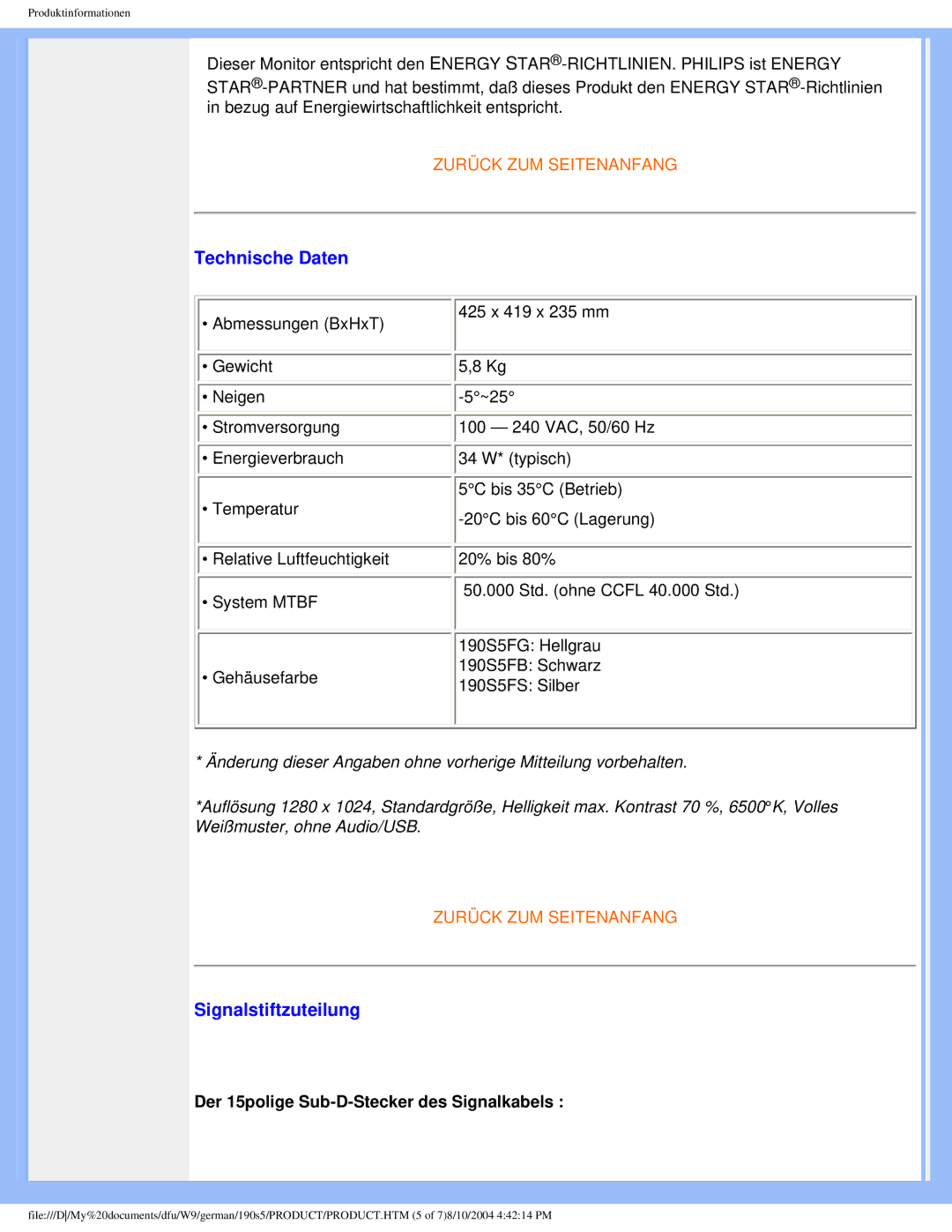 Philips 190S5 user manual Signalstiftzuteilung, Der 15polige Sub-D-Stecker des Signalkabels 