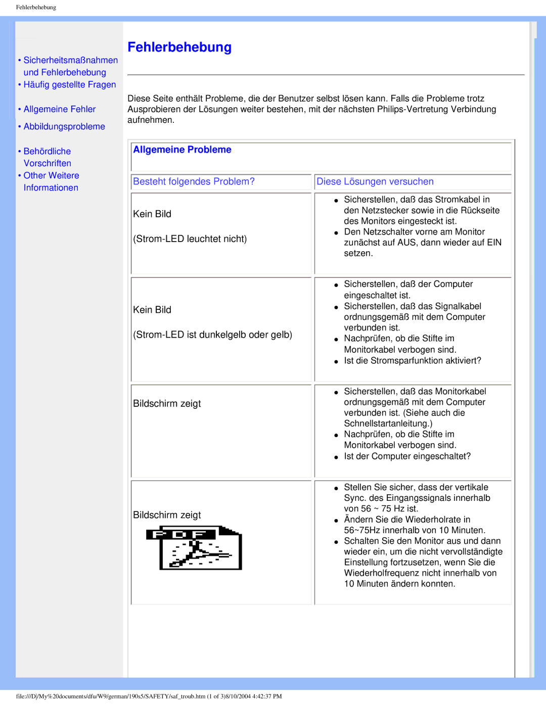 Philips 190S5 user manual Fehlerbehebung 