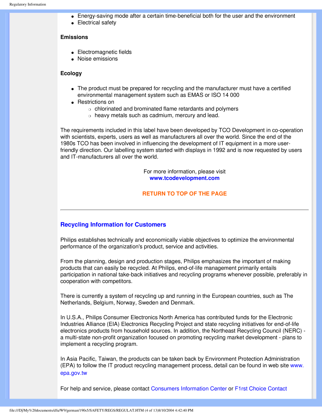 Philips 190S5 user manual Recycling Information for Customers, Emissions, Ecology 