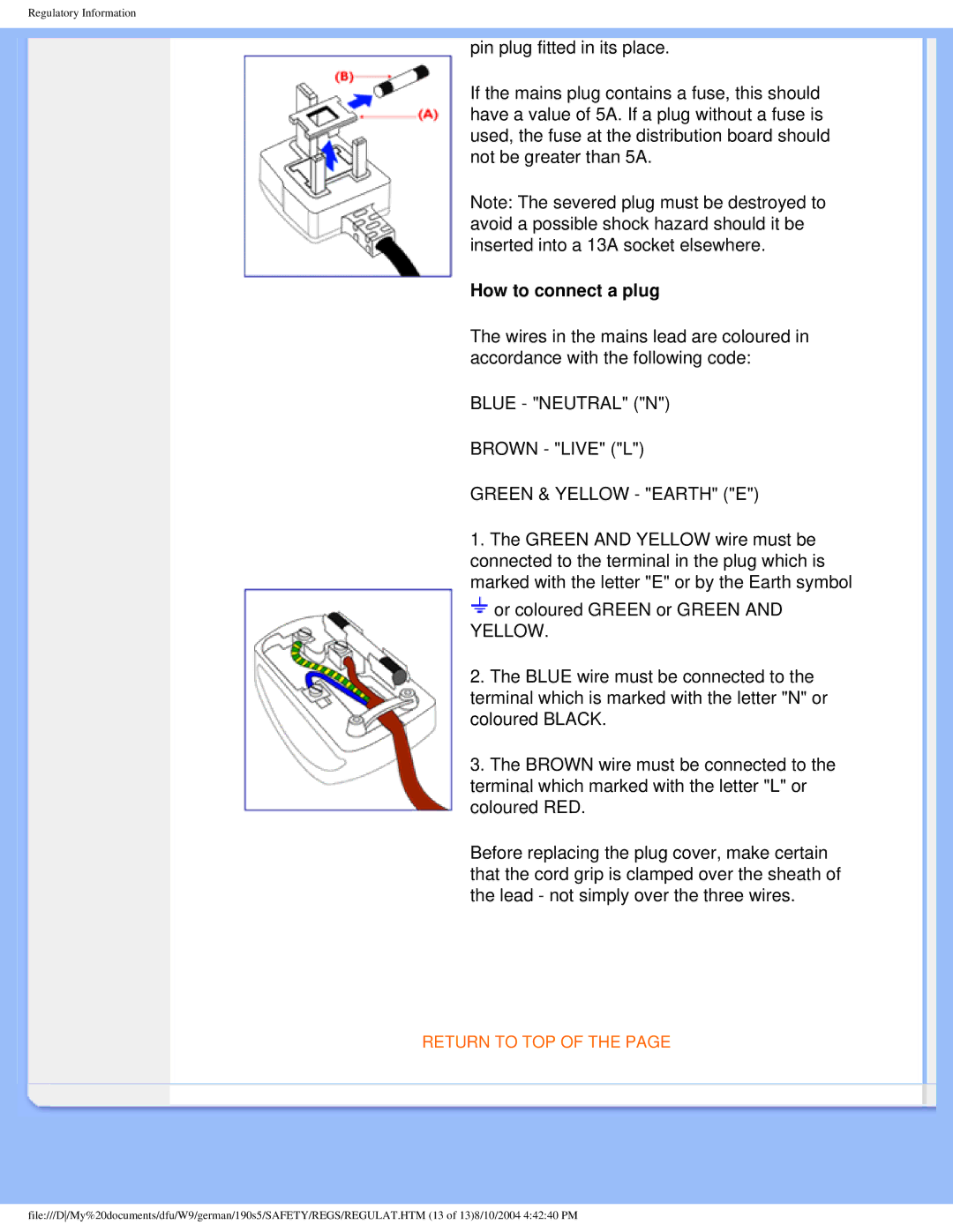 Philips 190S5 user manual How to connect a plug 