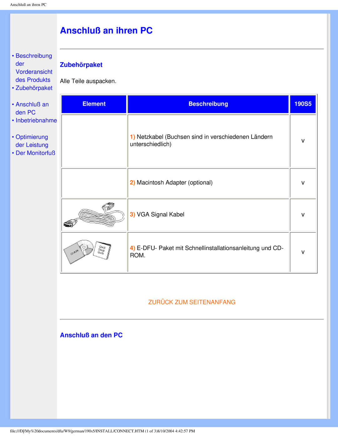 Philips 190S5 user manual Anschluß an ihren PC 