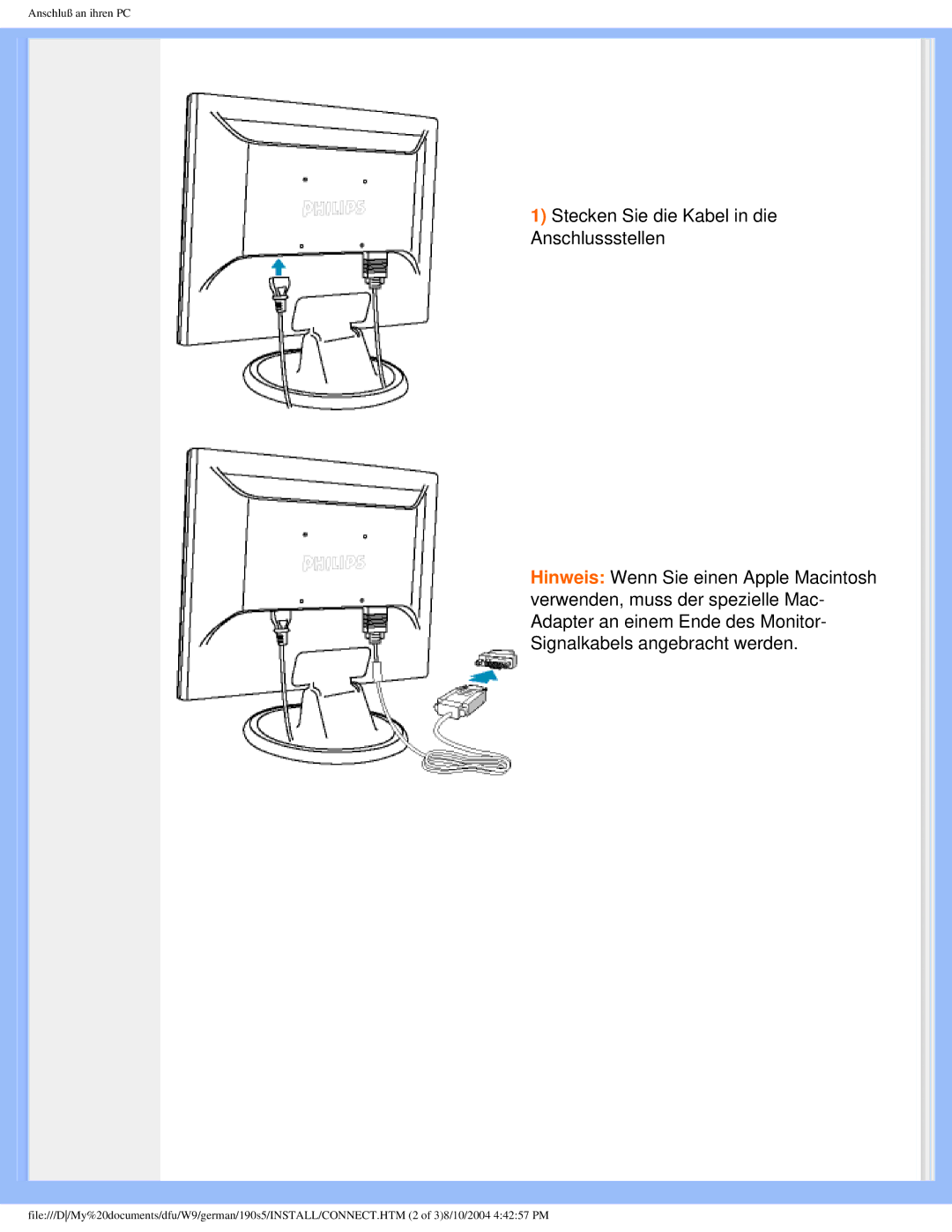 Philips 190S5 user manual Anschluß an ihren PC 