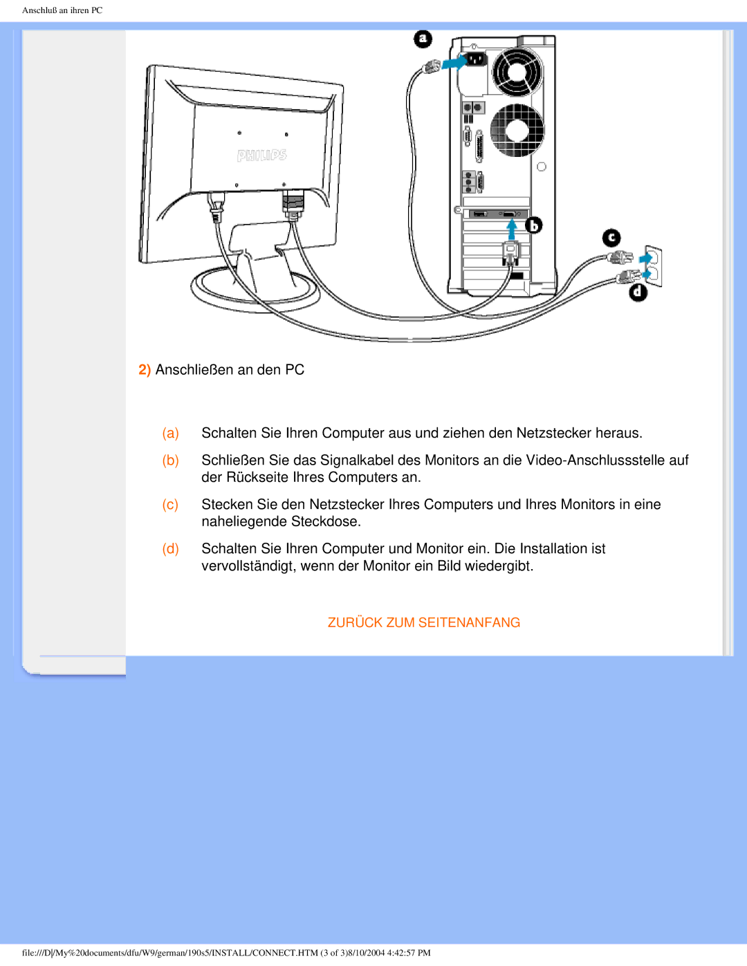 Philips 190S5 user manual Zurück ZUM Seitenanfang 