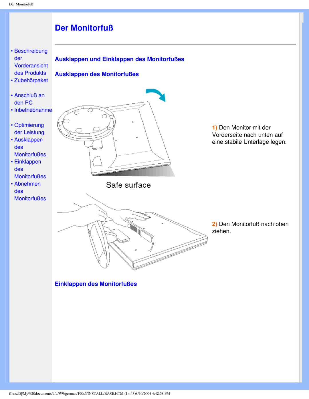 Philips 190S5 user manual Der Monitorfuß 